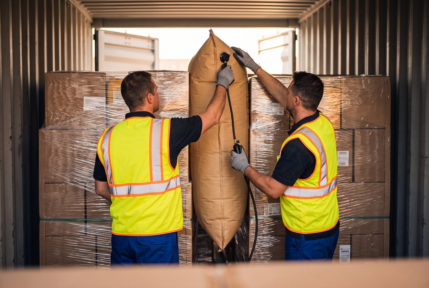 Operarios inflando una bolsa de aire kraft entre dos pallets dentro de un contenedor