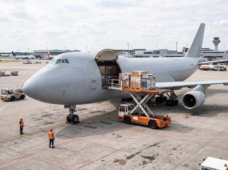 Avión carguero siendo cargado en plataforma